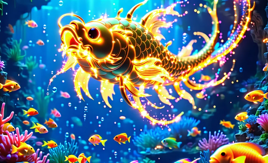 Cảnh tượng dưới đáy biển sống động trong trò chơi bắn cá Caxeng, với đàn cá bơi lội, san hô rực rỡ và hiệu ứng bắn súng mạnh mẽ.