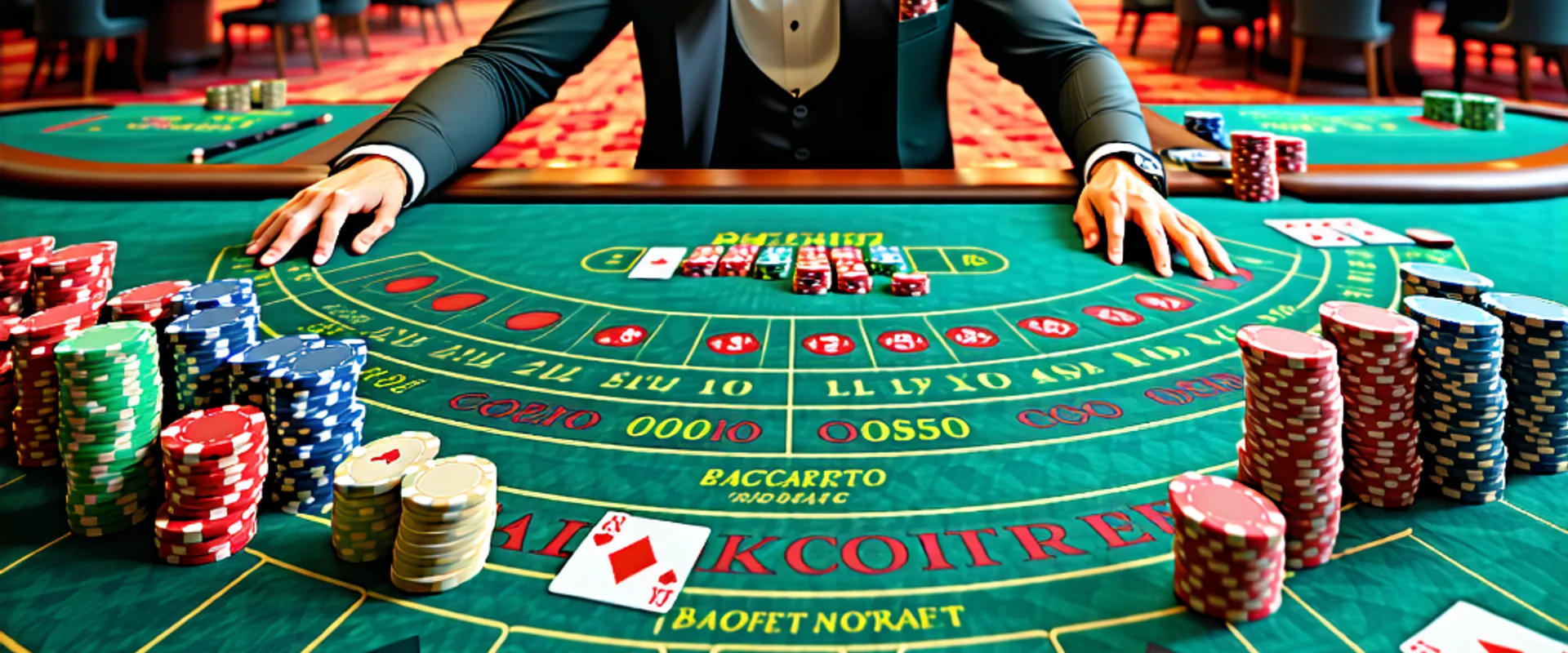Hình ảnh bàn Baccarat sang trọng với các lá bài và chip tại BK8, caxeng, BK88, bk8.com