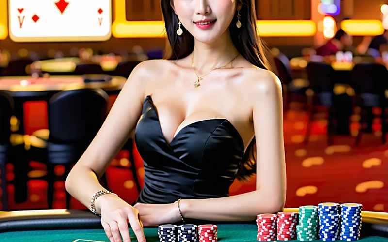 Một dealer xinh đẹp đang chia bài tại bàn chơi Baccarat trực tiếp trong sòng bạc trực tuyến BK8, với hình ảnh chất lượng cao và giao diện người dùng tương tác.
