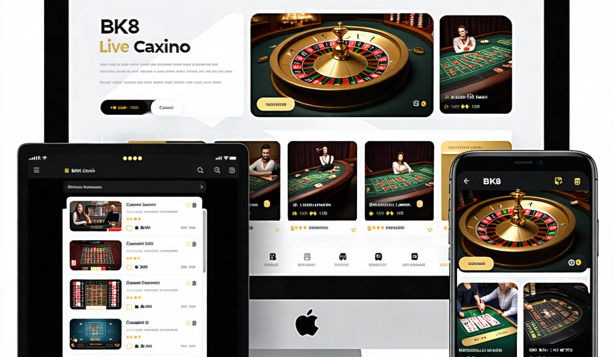Giao diện người dùng trên điện thoại di động và máy tính bảng hiển thị trò chơi casino trực tiếp của BK8