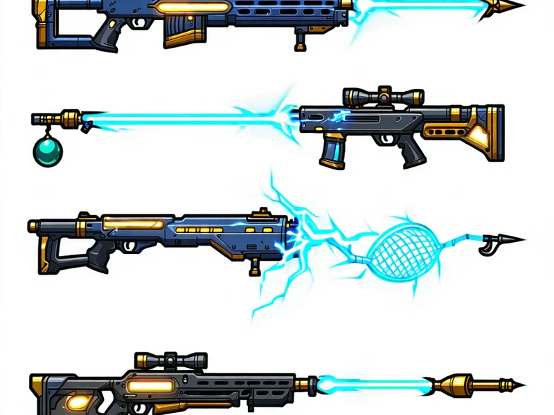 Hình ảnh các loại vũ khí khác nhau trong game bắn cá, từ súng thường đến bom và laze